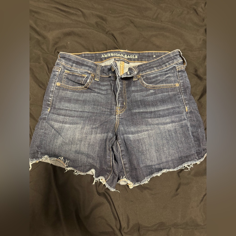 American Eagle Dark Blue Frayed Denim Shorts